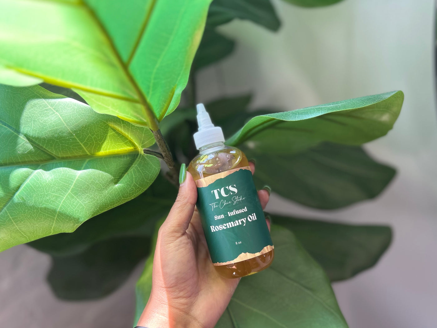 Hand holding a bottle of The Chic Studio Rosemary Oil 8oz against a green leafy background
