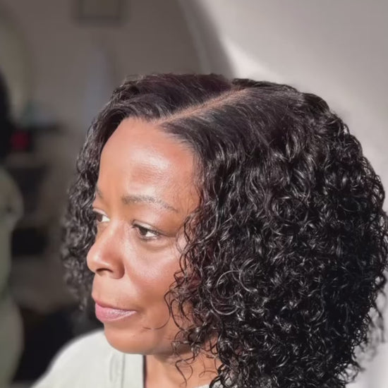 Video of a Veteran wearing curly bob cranial prosthesis at The Chic Studio